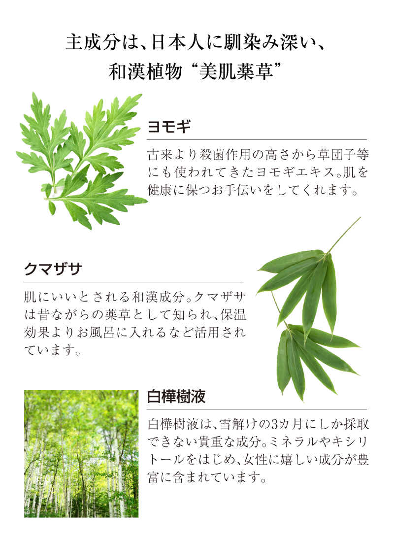 主成分は、日本人に馴染み深い、和漢植物 “美肌薬草” 「ヨモギ、クマザサ、白樺樹液」