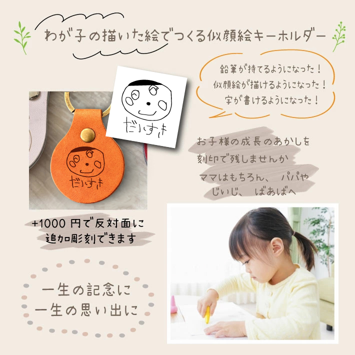 手描き 似顔絵入り 日本製 本革 レザー キーホルダー イラスト