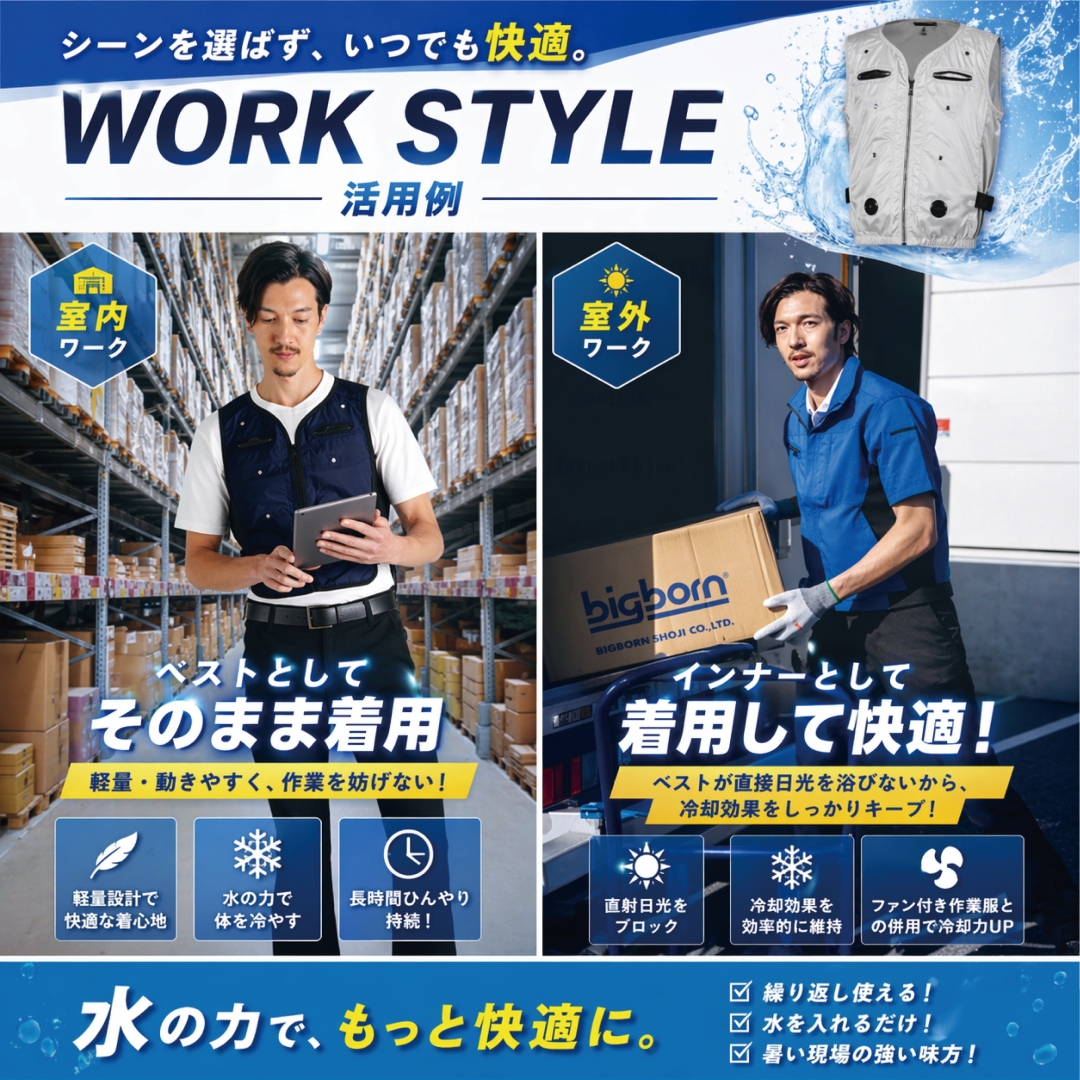  【2026新型】ビッグボーン アクアウォーターベスト 水冷却 両面タイプ 気化熱冷却 水冷式 冷却ベスト 熱中症対策  ファン付き作業服 バッテリー不要 AT601