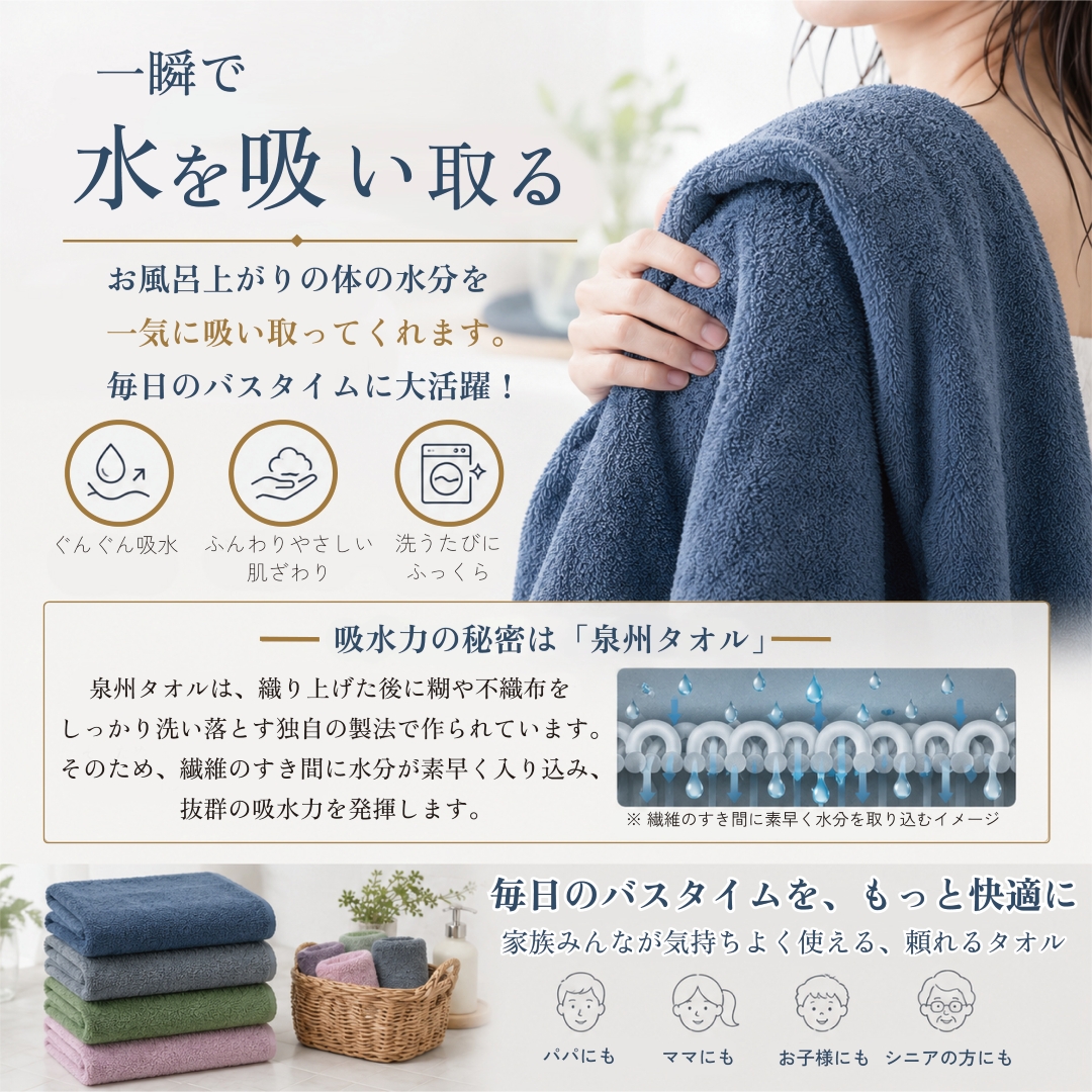 泉州タオル】 バスタオル 4枚 セット 460匁 日本製 無地 タオル ビッグ