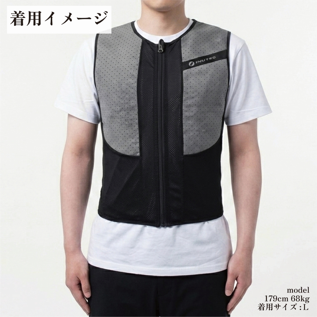 BODY COOL クーリングベスト 水冷ベスト  水冷服 気化熱 冷却 べスト バッテリー 不要 保冷剤 不要 水で濡らすだけで使える サイズ サイズの測り方 S M L XL 2XL Lサイズ 着用イメージ正面