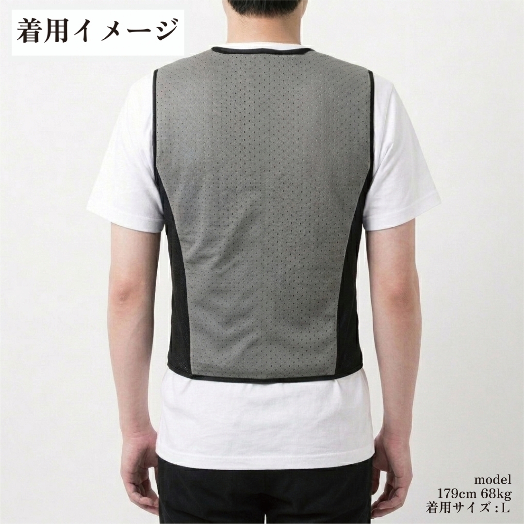 BODY COOL クーリングベスト 水冷ベスト  水冷服 気化熱 冷却 べスト バッテリー 不要 保冷剤 不要 水で濡らすだけで使える サイズ サイズの測り方 S M L XL 2XL Lサイズ 着用イメージ背面