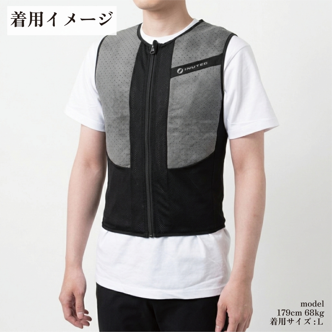 BODY COOL クーリングベスト 水冷ベスト  水冷服 気化熱 冷却 べスト バッテリー 不要 保冷剤 不要 水で濡らすだけで使える サイズ サイズの測り方 S M L XL 2XL Lサイズ 着用イメージ正面
