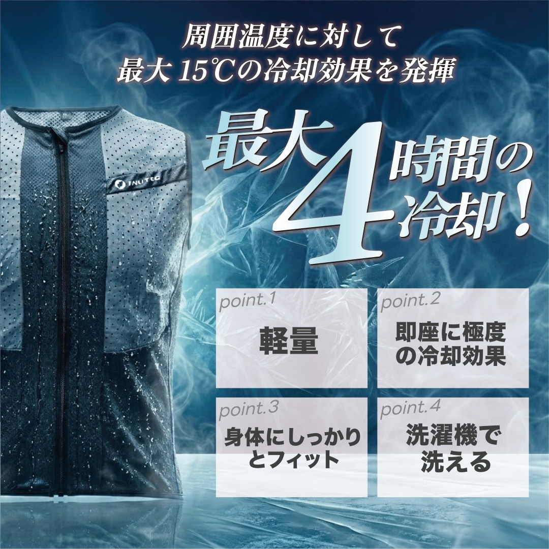 BODY COOL クーリングベスト 水冷ベスト  水冷服 気化熱 冷却 べスト バッテリー 不要 保冷剤 不要 水で濡らすだけで使える 黒 白 青 冷却効果 4つの特徴