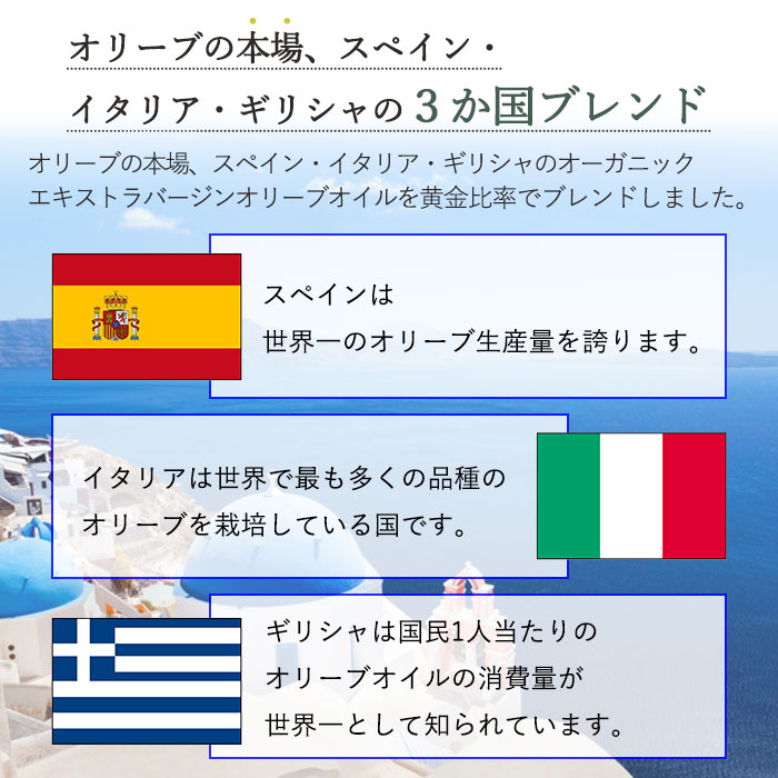 オリーブの本場 スペイン イタリア ギリシャの3ヶ国ブレンド