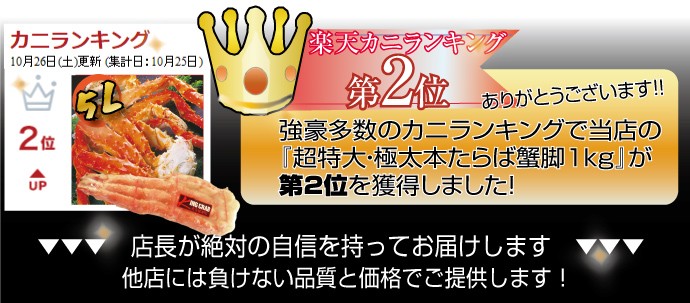 おかげさまで楽天カニランキング２位獲得！！