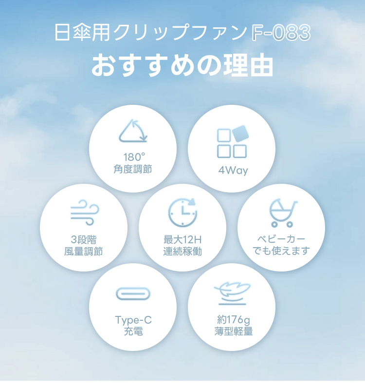 2026最新 クリップファン 日傘用 ハンディファン 扇風機 クリップ 小型扇風機 4way 首掛け 卓上 携帯 軽量 199段階調整 はさめる 手ぶら USB充電 ストラップ付 関連画像1