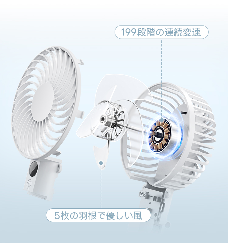 2026最新 クリップファン 日傘用 ハンディファン 扇風機 クリップ 小型扇風機 4way 首掛け 卓上 携帯 軽量 199段階調整 はさめる 手ぶら USB充電 ストラップ付 関連画像2