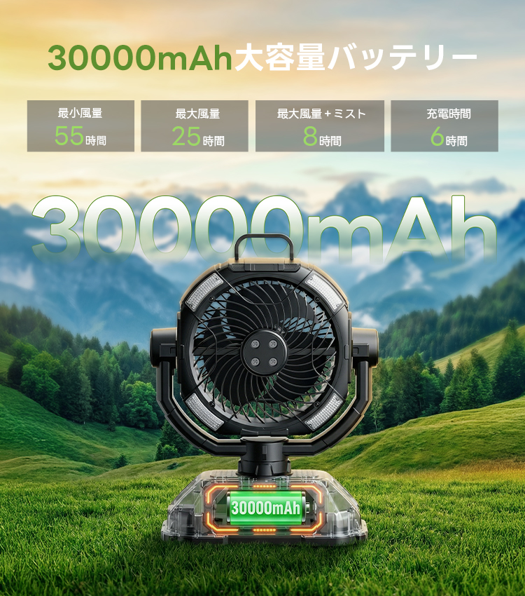 2026年最新型 アウトドア扇風機 キャンプ ミストファン 充電式
