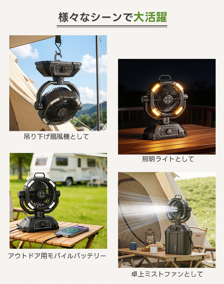 2026年最新型 アウトドア扇風機 キャンプ ミストファン 充電式