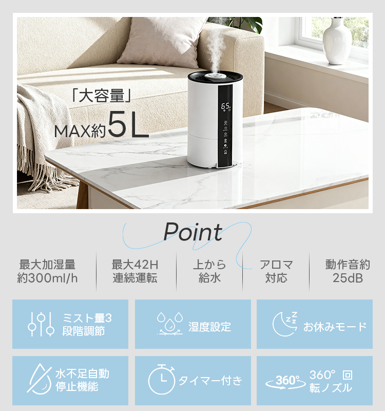 クーポンで4,743円！／2026最新型 加湿器 超音波 卓上 大容量5L 3段階