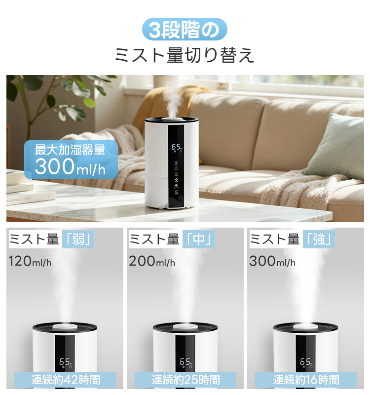 2026最新型 加湿器 超音波 卓上 大容量5L 3段階調節 7色LEDライト 上部給水 湿度設定 空焚き防止 UVライト 切タイマー 静音 省エネ 子供部屋 寝室 節電 保湿 関連画像4