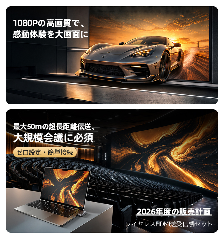 2026新登場 ワイヤレスhdmi 無線送受信機セット 最大50m無線伝送 1080P/5G超低遅延 音画同期 ミラー&拡張モード搭載 Type-C充電 WIFI&設定不要 関連画像4