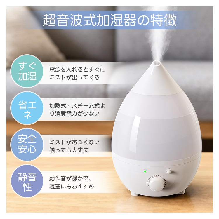 クーポンで2,533円！／2026最新型 加湿器 超音波式 しずく型 卓上 大