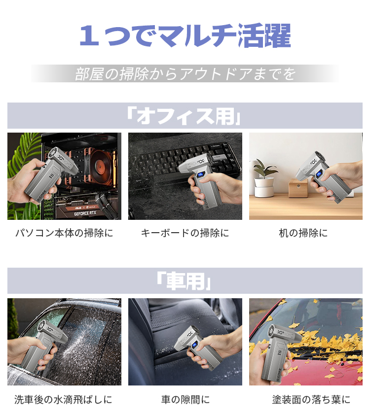 【8000mAh・ 風速63m/s】エアダスター 電動 150000RPM 4階段調節 充電式 小型 ノズル 空気入れ ガス不使用 多用途(PC 掃除/キーボード/車内/エアコン/洗車用) 関連画像3