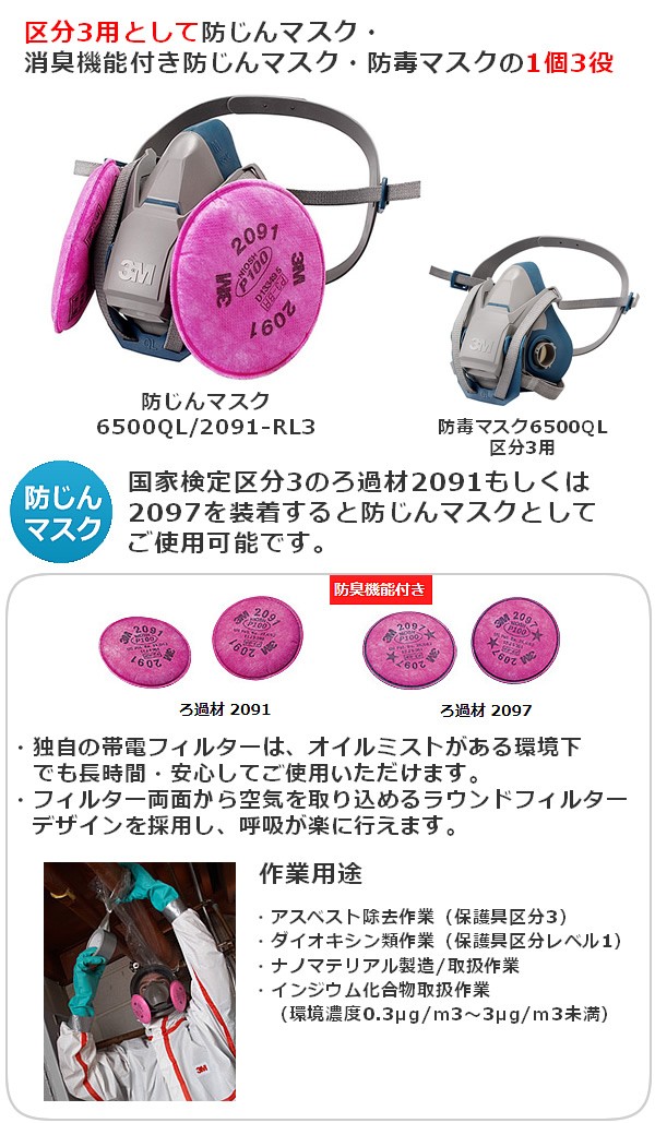 3M 取替式防じんマスク 6500QL/2091-RL3 防じん防毒併用タイプ