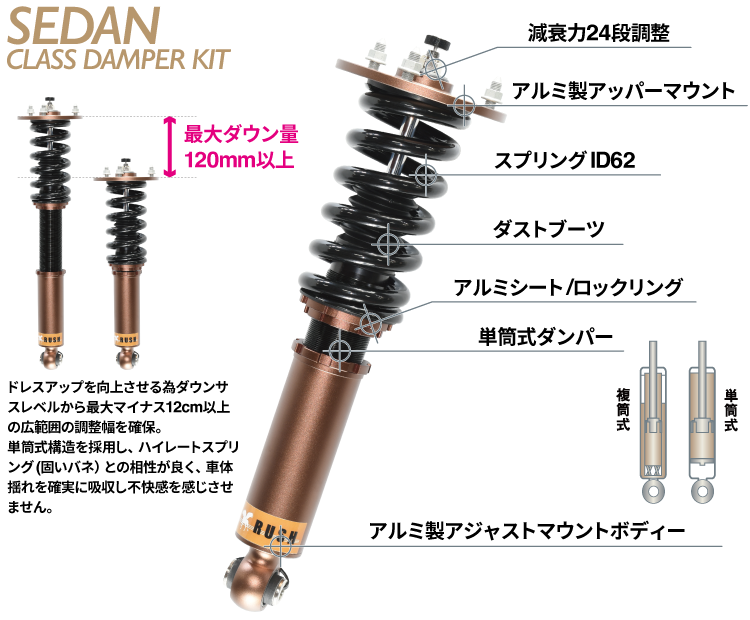 RUSH車高調 マークX GRX120 GRX121 前期 後期 車高短 モデル