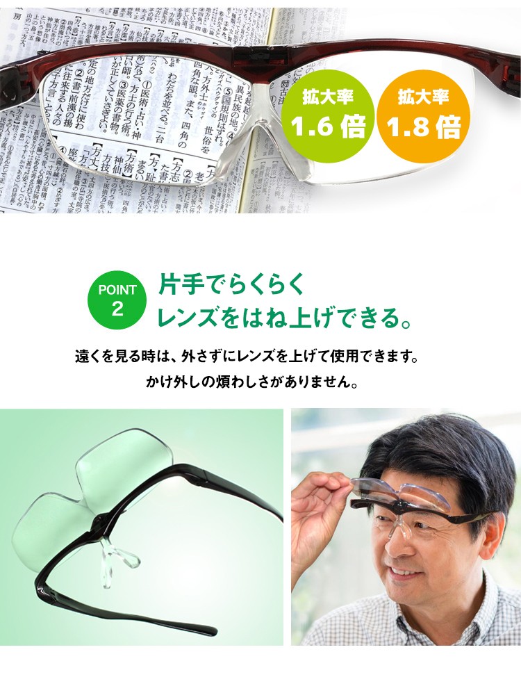 メガネ型拡大鏡 ルーペメガネ 跳ね上げタイプ 選べる拡大率1.6倍 1.8倍