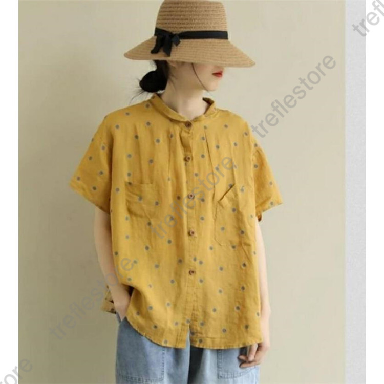 シャツ ブラウス レディース シャツブラウス 半袖 大きいサイズ 体型カバー おしゃれ 柄 トップス 春夏 前開き シンプル ドット柄 綿麻 |  | 08