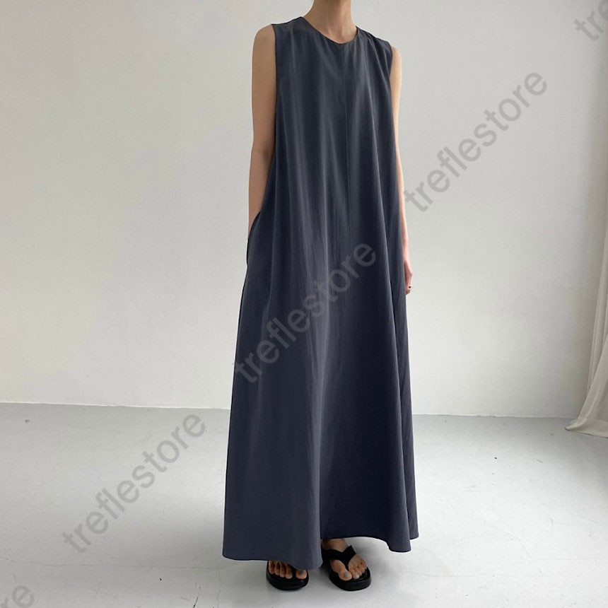 ワンピース ロング ノースリーブ リネン 丸首...の詳細画像4