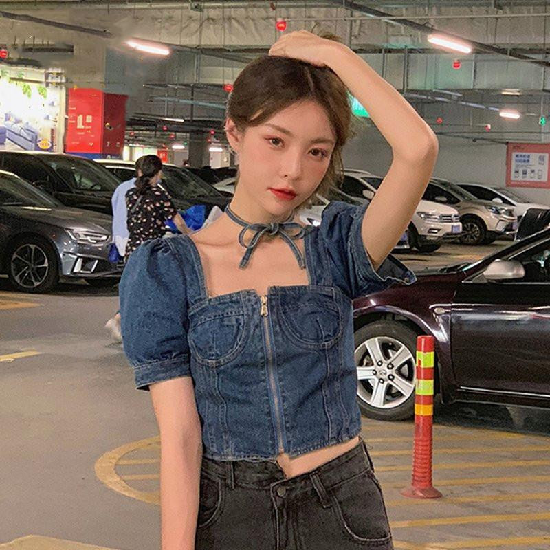 Tシャツ レディース 個性 半袖 ショート丈 へそ出し デニム トップス セクシー 韓国ファッション 原宿系 ヒップホップ ダンス ストリート風 カジュアル