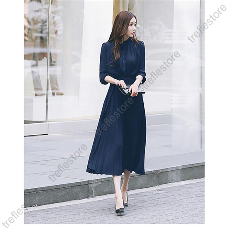 春 夏 ワンピース シフォンワンピース レディース プリーツワンピース 長袖 ロングワンピ オフィス きれいめ ロング丈 シフォンワンピ Aライン treflestore - 通販 - Yahoo ショッピング
