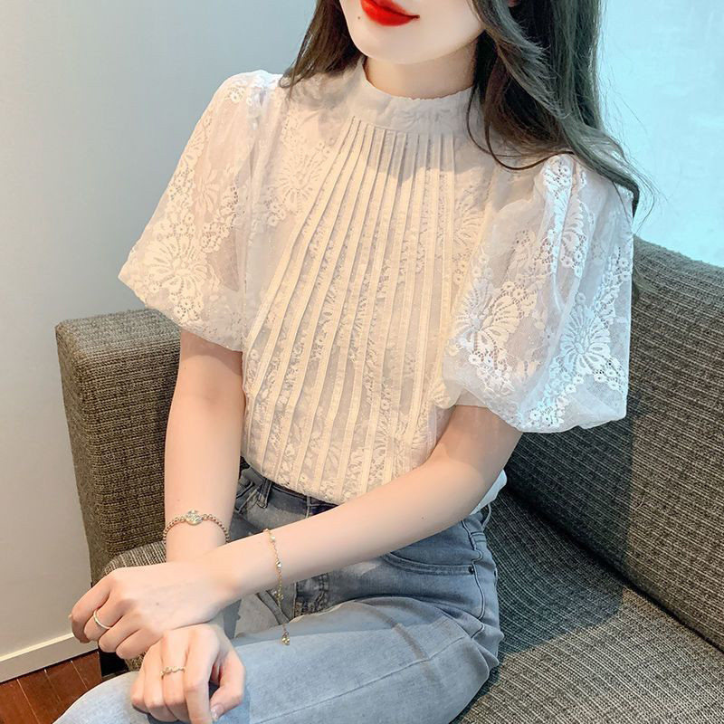 ブラウス パフスリーブ レディーストップス 半袖 シャツ レース 夏服 無地大人可愛い フォーマル エレガント ボリューム袖 お呼ばれ 二次会 通学通勤 40代 刺繍