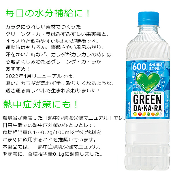 グリーンダカラ 600mlPET 24本入り 1ケース 合計 24本 スポーツ飲料 送料無料