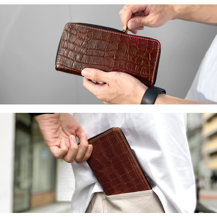 長財布 財布 本革 クロコダイル 型押し メンズ ラウンド型 ロング