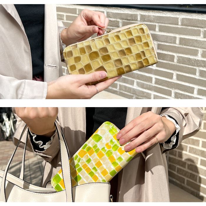 長財布　L字　ファスナー　新品　未使用　ステンドグラス　エナメル　シボ　牛革 財布 L字ファスナー 長財布 レディース ステンドグラスレザー スリム