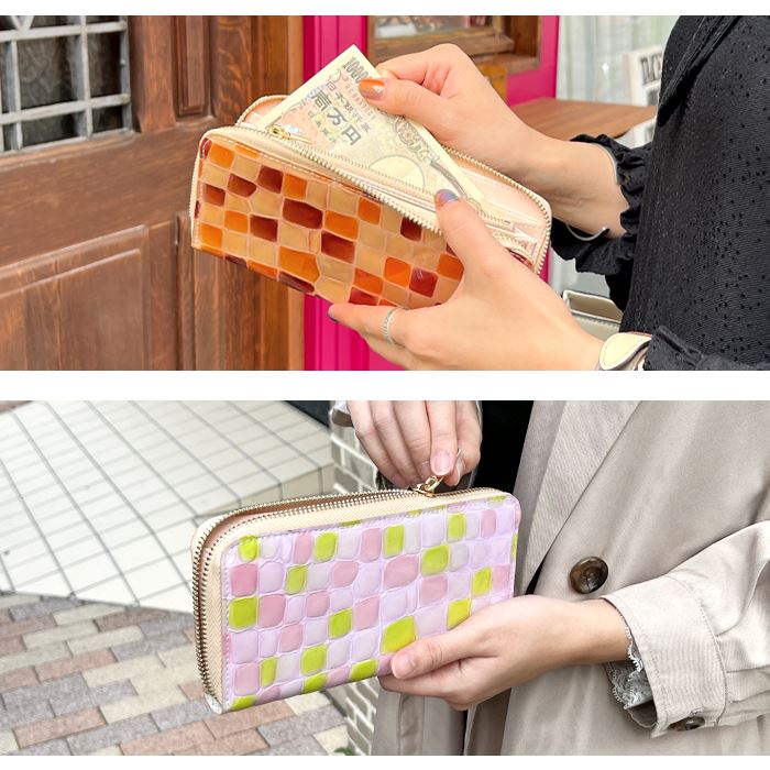 長財布 レザー 革 財布 エナメル 上品な ステンドグラス ラウンド