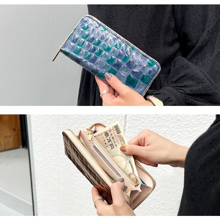 長財布　L字　ファスナー　新品　未使用　ステンドグラス　エナメル　シボ　牛革 財布 L字ファスナー 長財布 レディース ステンドグラスレザー スリム