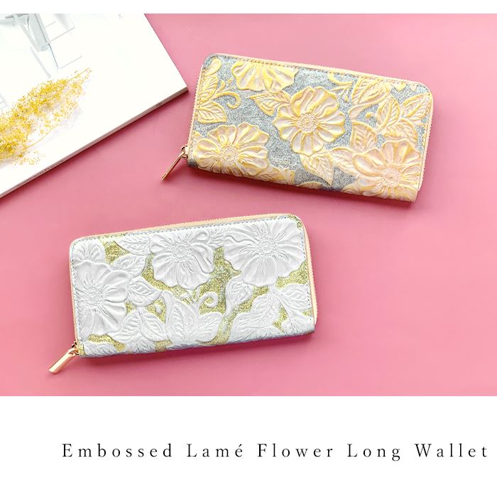 長財布 カード収納 ラウンドファスナー ラメ フラワー ラウンド長財布