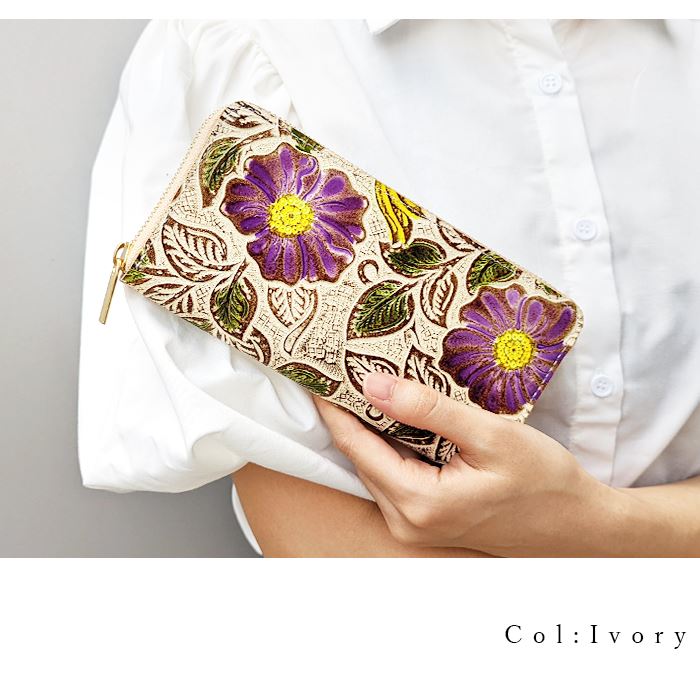 本革 長財布 レディース レトロな 花 型押し 花柄 財布 長サイフ