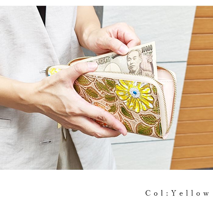本革 長財布 レディース レトロな 花 型押し 花柄 財布 長サイフ