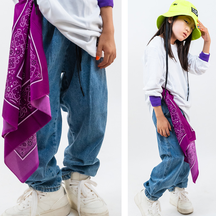 キッズダンス衣装 デニムパンツ ハイウェスト ロゴ紐 女の子 男の子