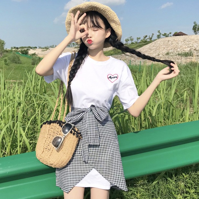 ジュニア服 ワンピース 腰巻き風スカート 2点セット 女の子 チェック柄 ジュニア服 チュニック 半袖 半そで オーバーサイズシャツ Tシャツ ブラック ホワイト Set 334 うちの子が一番 通販 Yahoo ショッピング