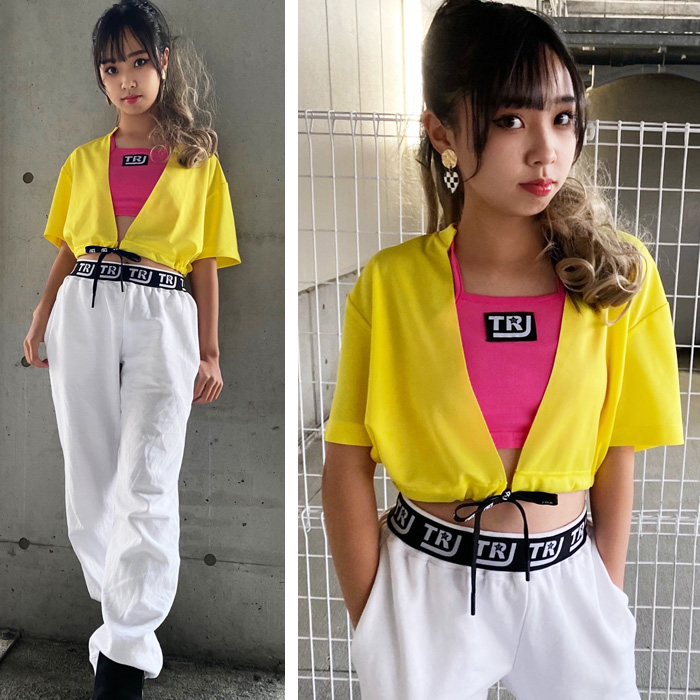 前開きトップス ネオンカラー 半袖 Tシャツ 重ね着 紐調節 お腹
