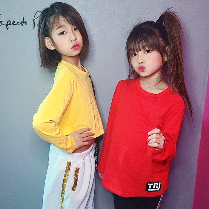 キッズ用 長袖 Tシャツ ミドル丈 女の子 子供服 キッズ ワンポイント ロゴ 無地 110cm〜150cm 小学生 ダンス衣装 ヒップホップ シャツ 長そで トップス｜trj-store｜15