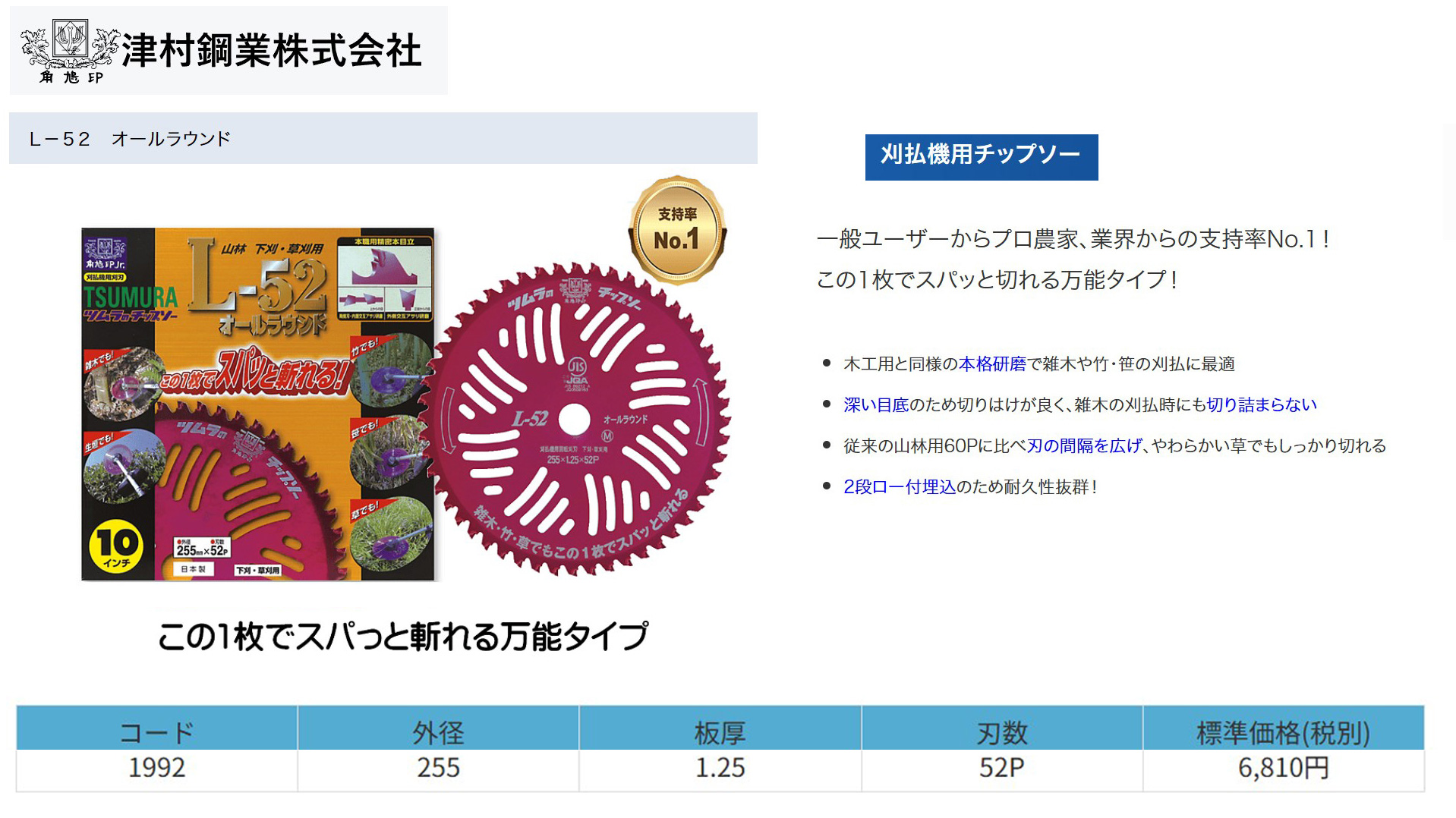 ツムラ チップソー L-52 オールラウンド 255mm 52P 草刈り用 刈刃 替刃