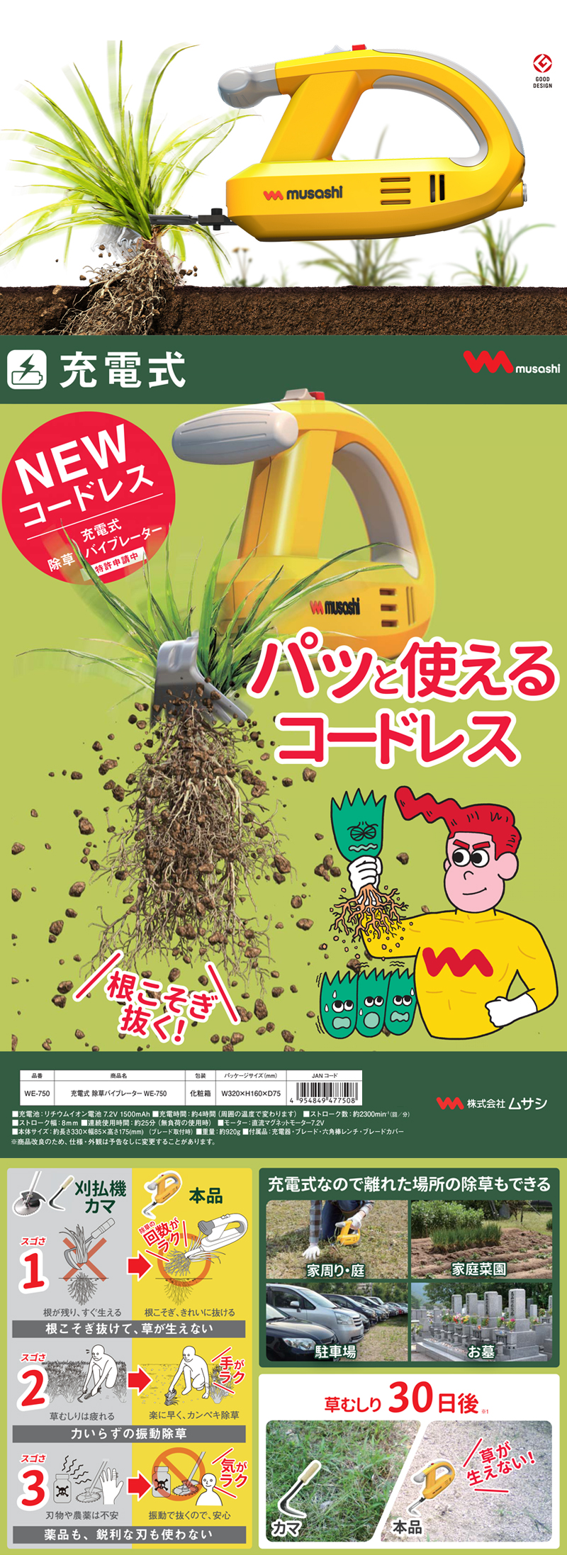 ムサシ 充電式除草バイブレーター WE-750 : ヒラキショウジ