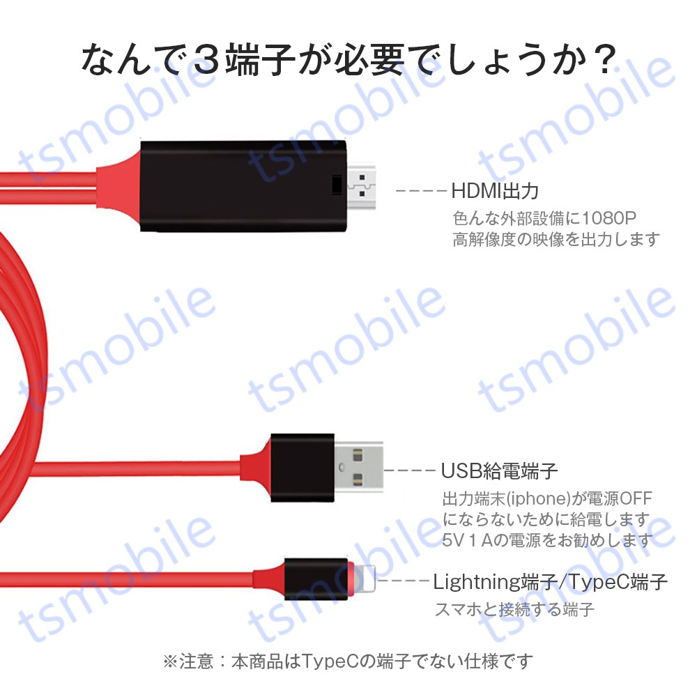 赤lightning HDMI変換ケーブル1080P HD画質iPhone Lightning