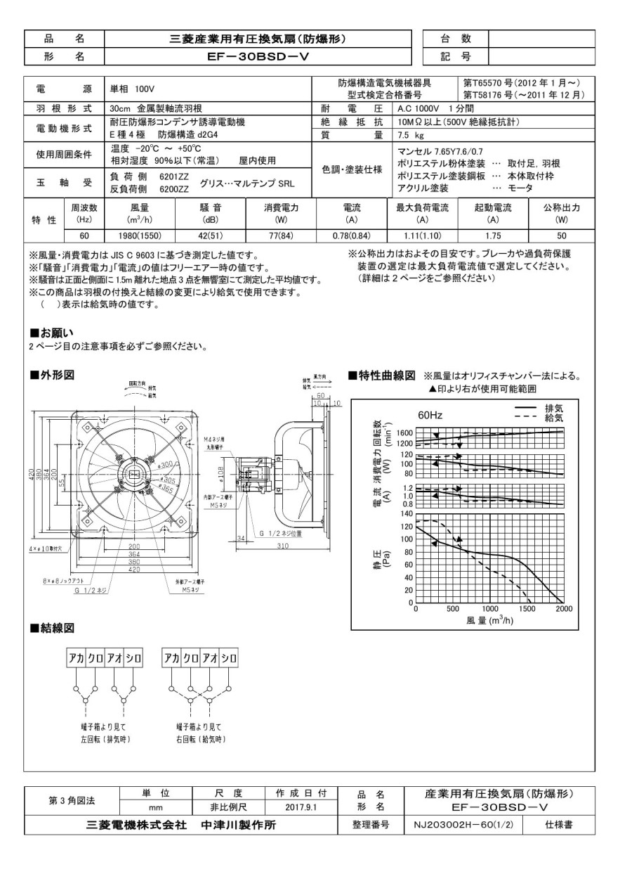 評判 三菱 換気扇 有圧換気扇 産業用 EF-30BTD2-V 爆発性ガス発生場所