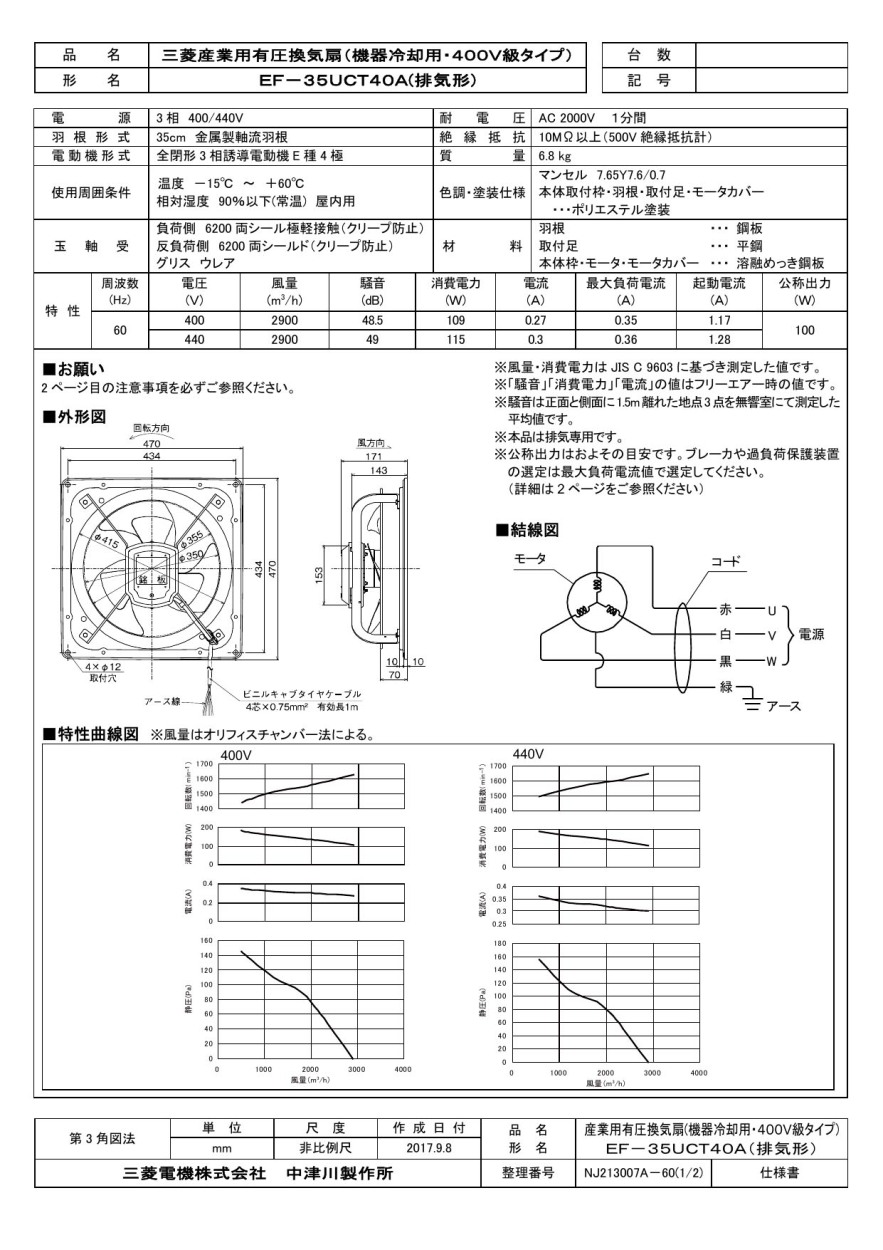 格安日本製】 EF-35UCT40A 三菱電機 産業用有圧換気扇 機器冷却用 三相