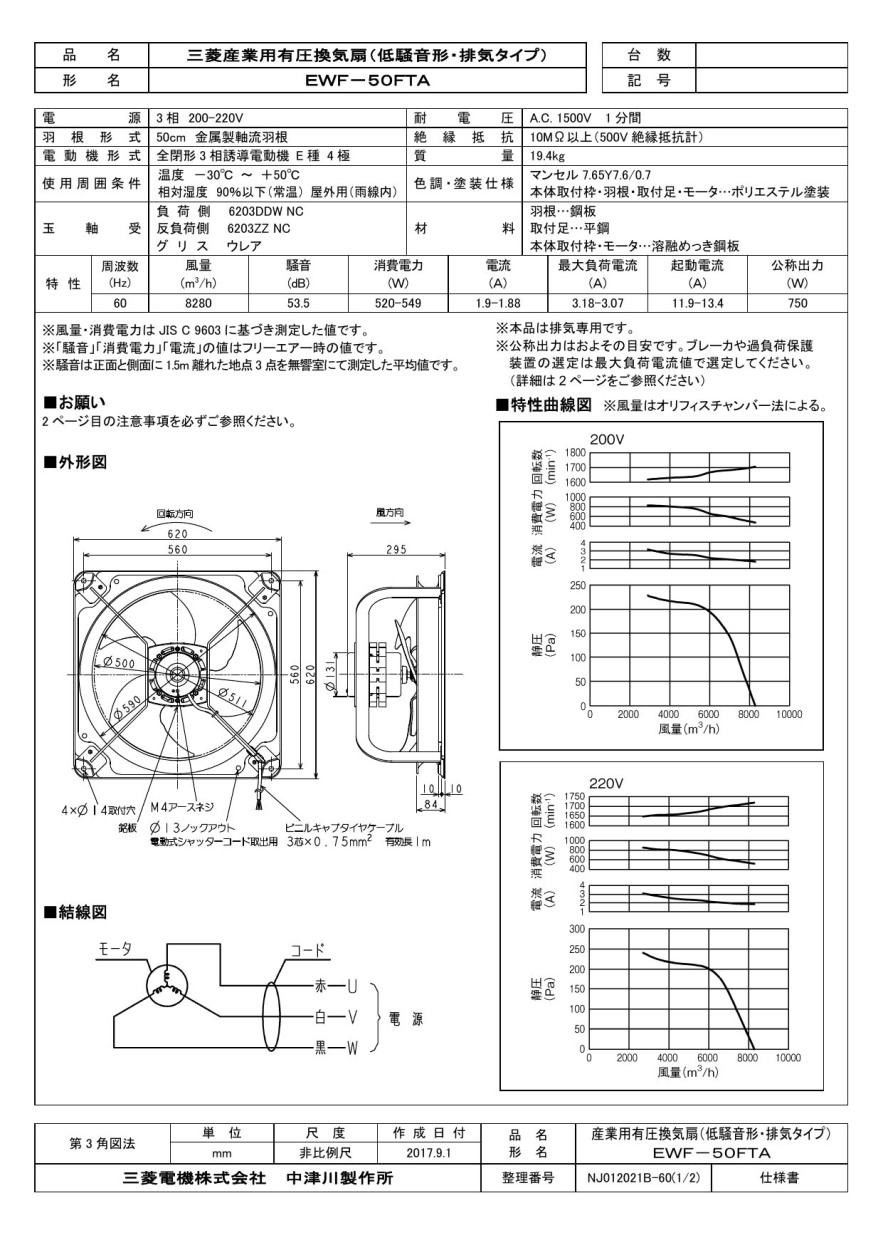 最高の EWF-50FTA40A2 三菱電機 MITSUBISHI 産業用有圧換気扇 低騒音形