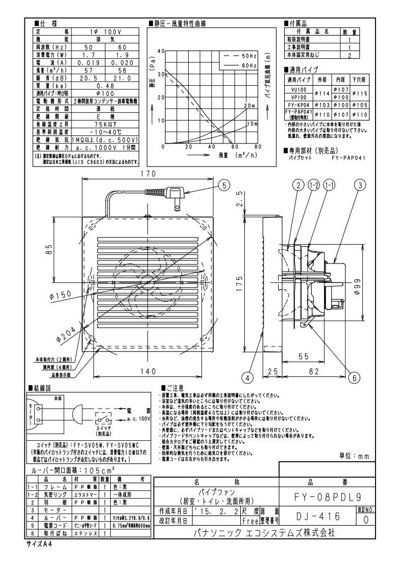 FY-08PDL9 パナソニック パイプファン スタンダードタイプ 格子