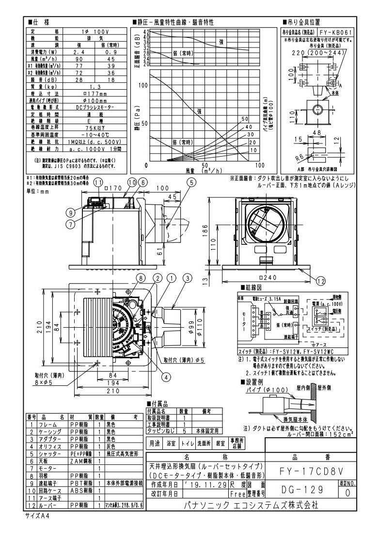 FY-17CD8V Panasonic 天井埋込形換気扇 ＜DCモーター＞ ルーバーセット