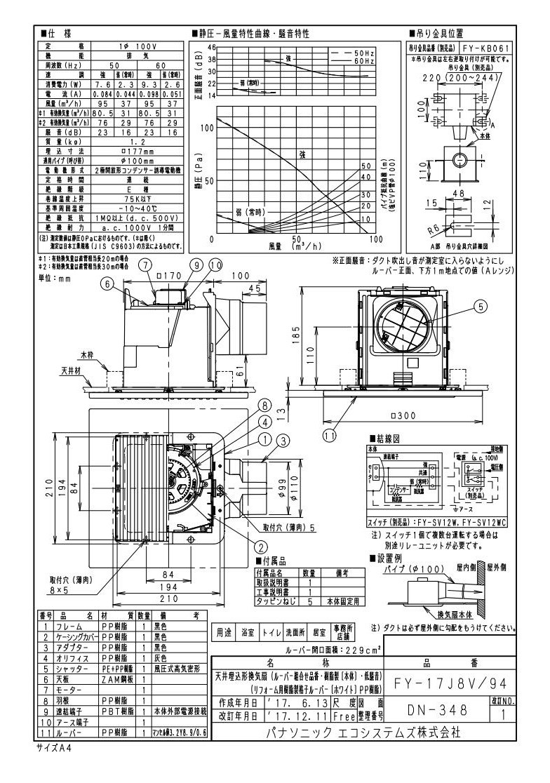 ショッピング φ100用 リフォーム用 XFY-17J8V 天井埋込形換気扇 94 低騒音形 パナソニック 木材・建築資材・設備