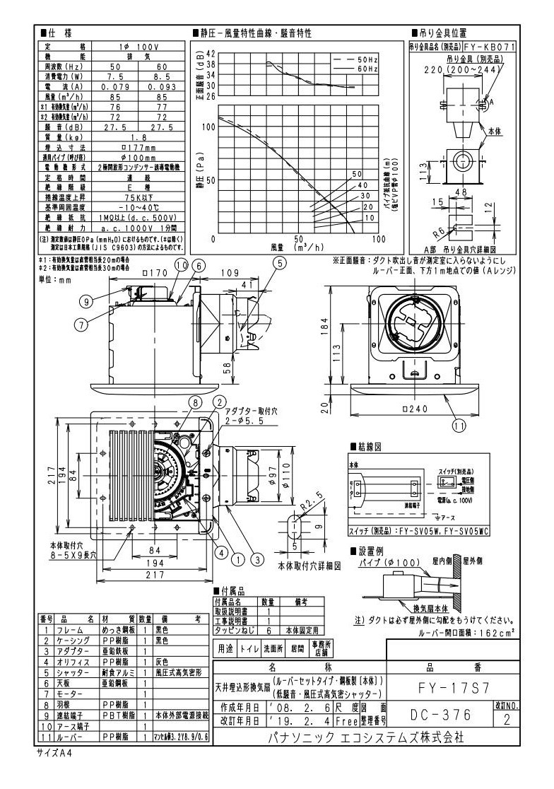 FY-17S7 Panasonic 天井埋込形換気扇 ルーバーセットタイプ トイレ・洗面所、居室・廊下・ホール・事務所・店舗用 低騒音形  90立方m/hタイプ