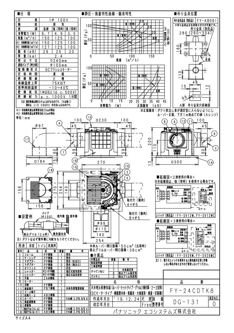 FY-24CDTK8 Panasonic 天井埋込形換気扇 ＜DCモーター＞2〜3室換気用 ルーバーセット 浴室、トイレ・洗面所用  低騒音形・大風量形・風量一定制御